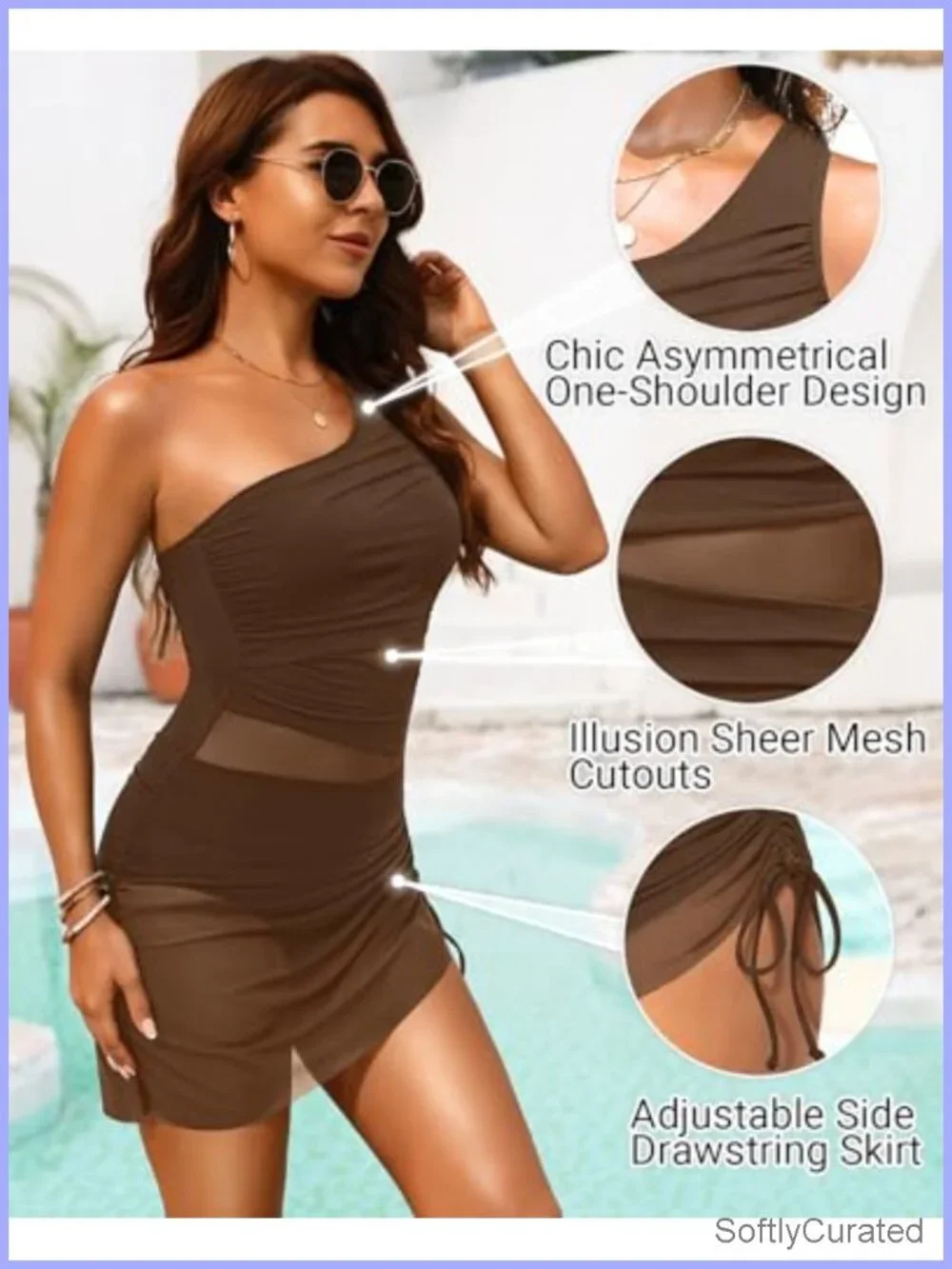 Women One Piece Swim Dress Tummy Control One Shoulder Mesh Cutout Bathing Suit